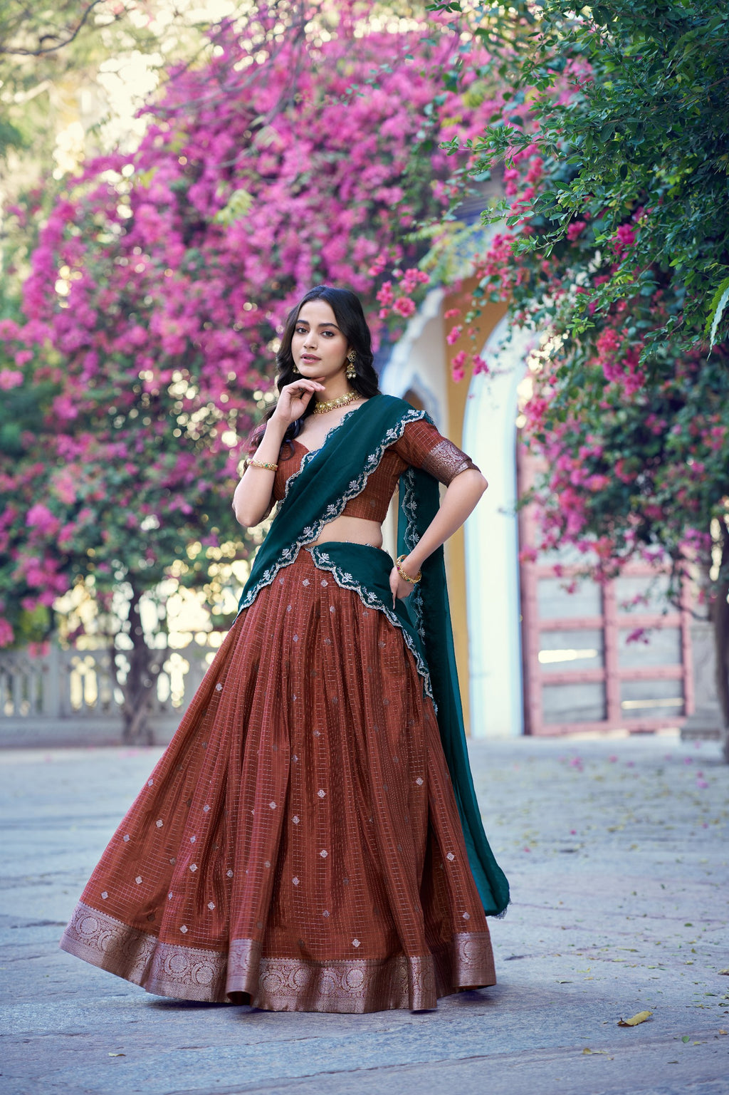 Chinon Checks Zari Weaving Wedding Wear Lehenga Set
