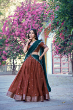 Chinon Checks Zari Weaving Wedding Wear Lehenga Set
