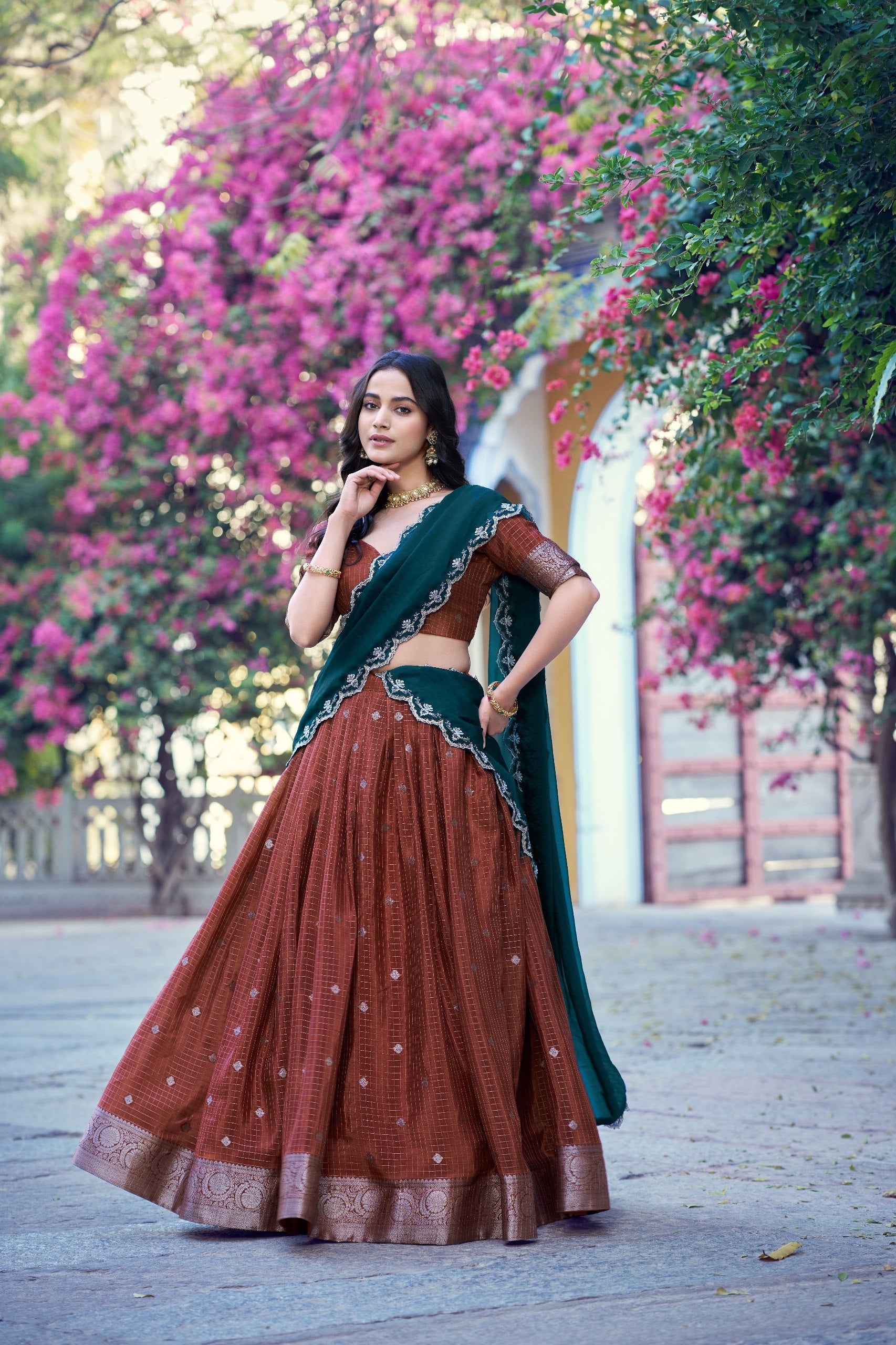 Chinon Checks Zari Weaving Wedding Wear Lehenga Set

