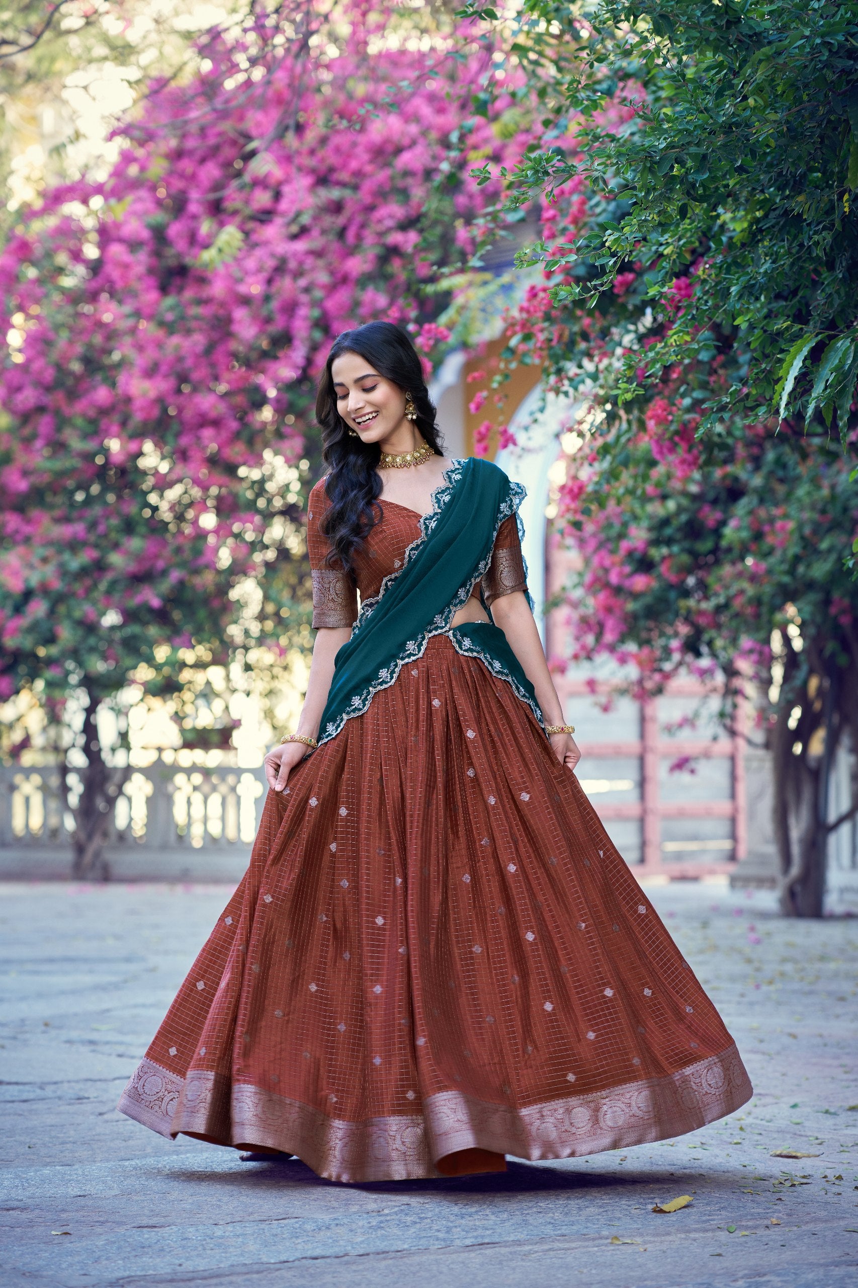 Chinon Checks Zari Weaving Wedding Wear Lehenga Set
