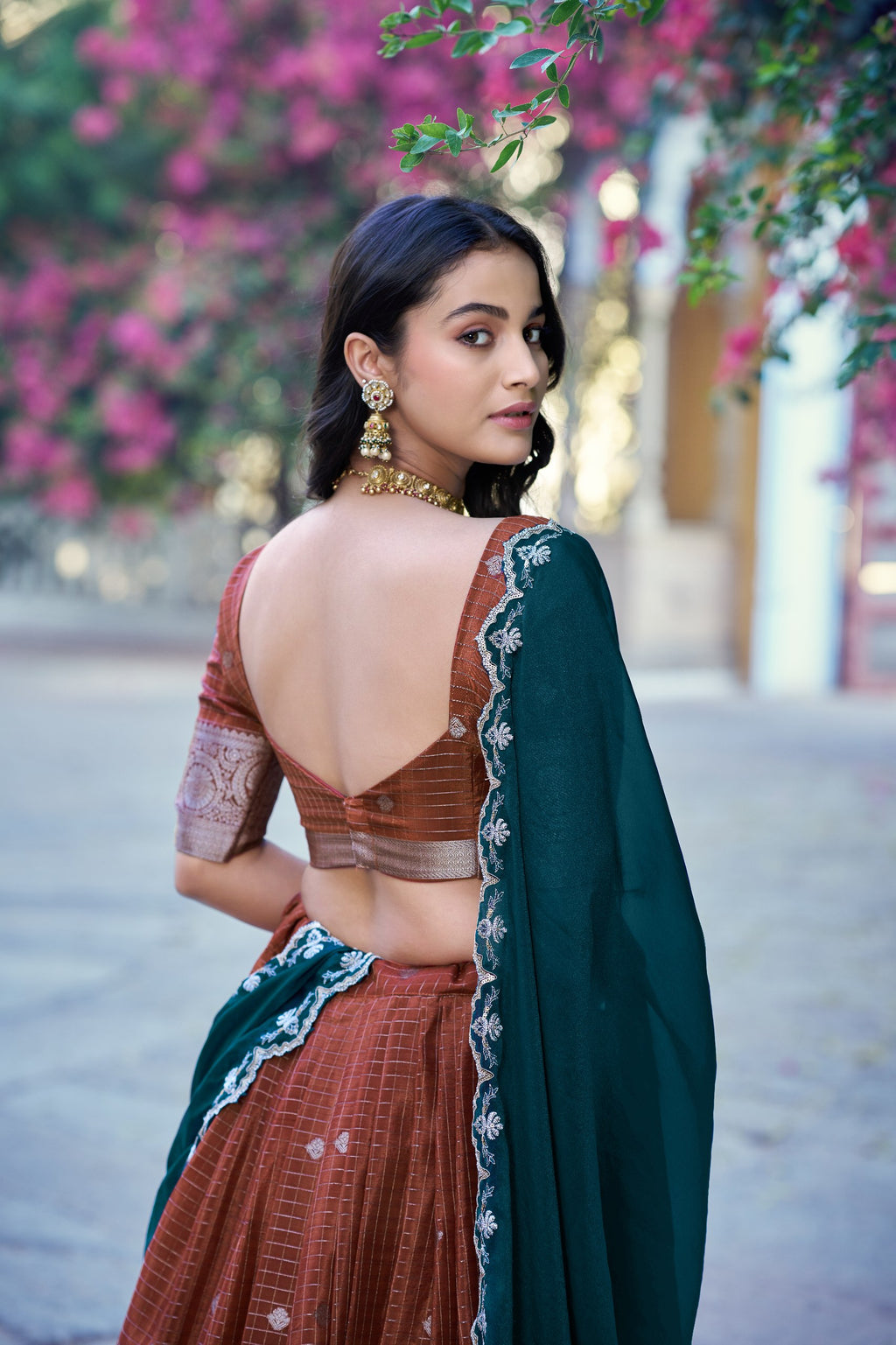 Chinon Checks Zari Weaving Wedding Wear Lehenga Set
