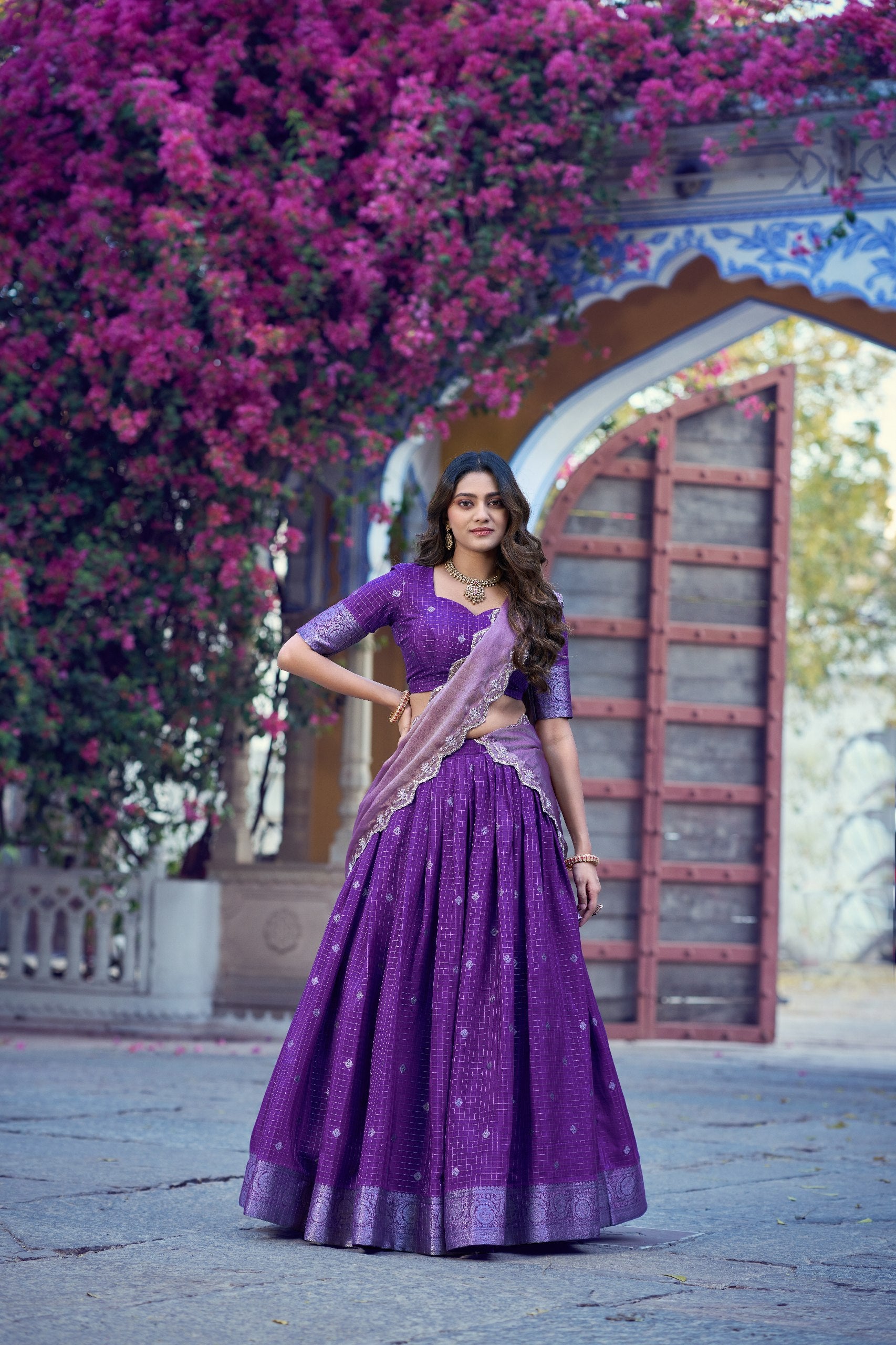 Chinon Checks Zari Weaving Wedding Wear Lehenga Set
