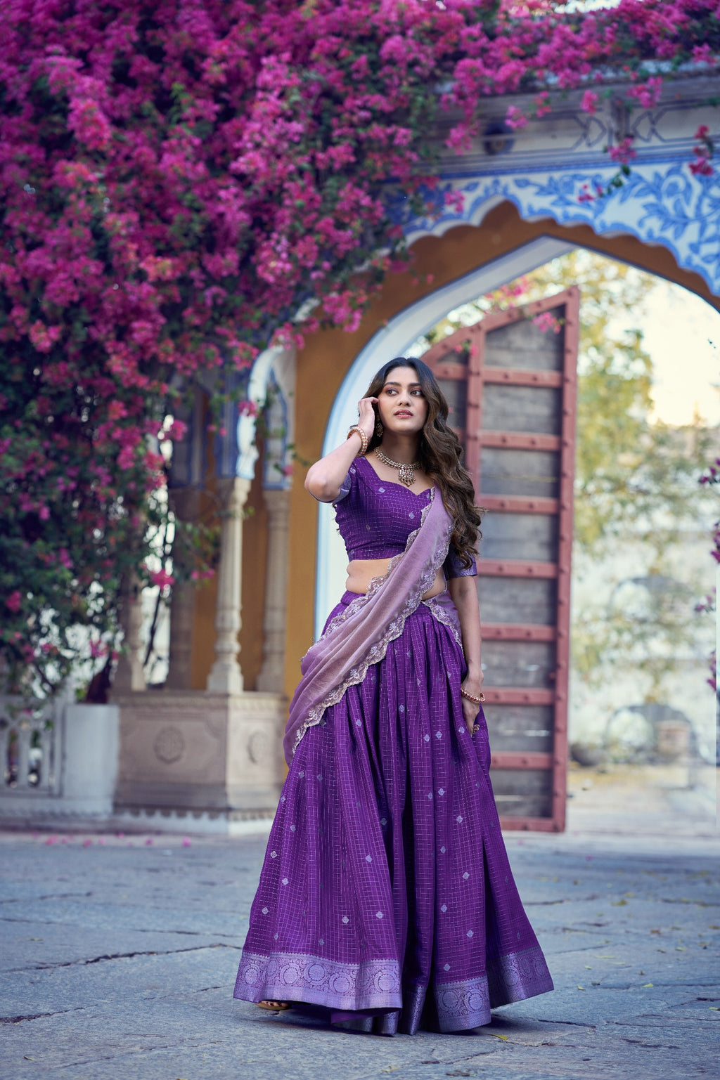 Chinon Checks Zari Weaving Wedding Wear Lehenga Set
