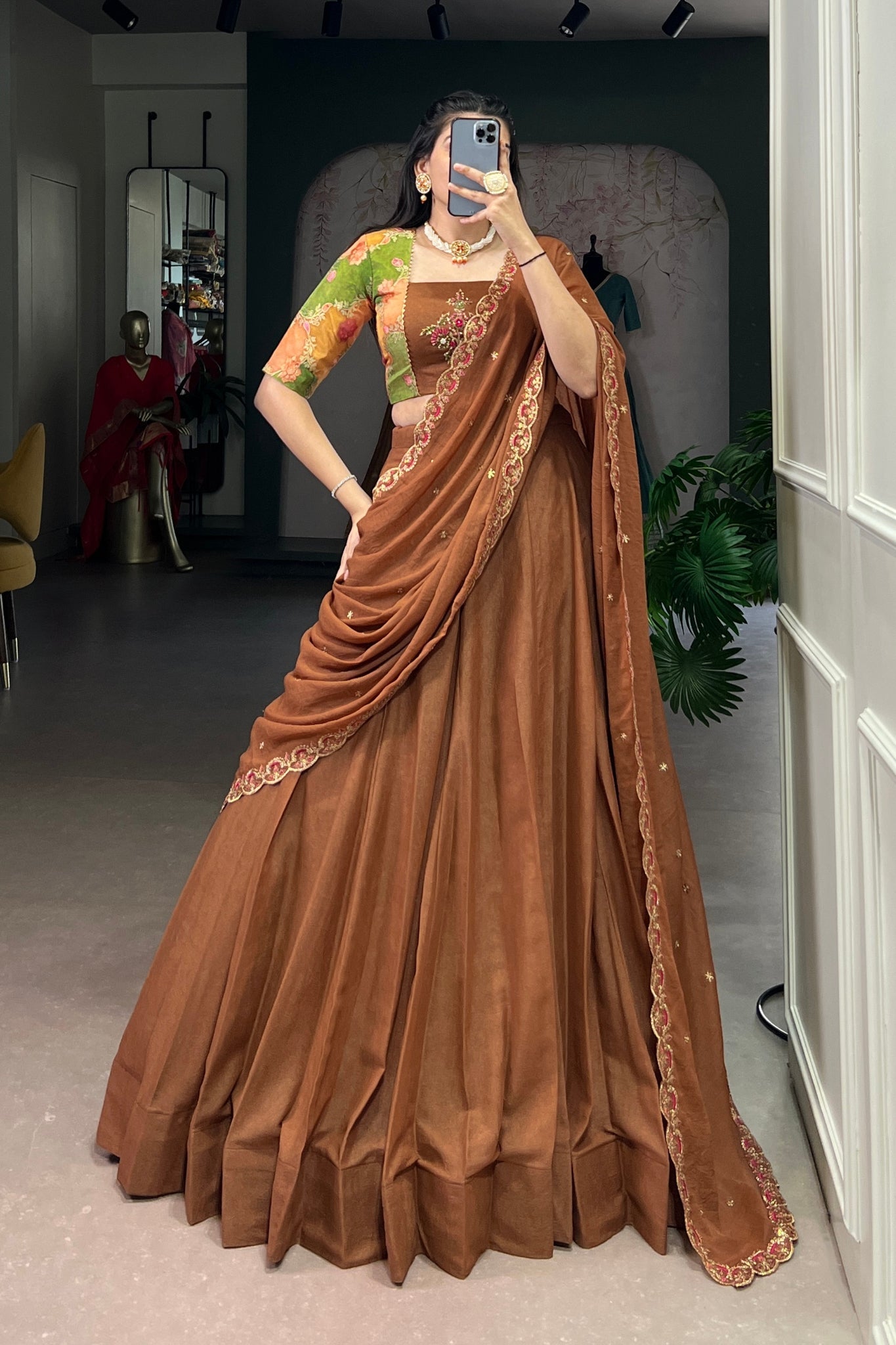Luxury Chocolate Crush Designer Lehenga Set With Handcrafted Gotta Patti Blouse And Embroidered Dupatta