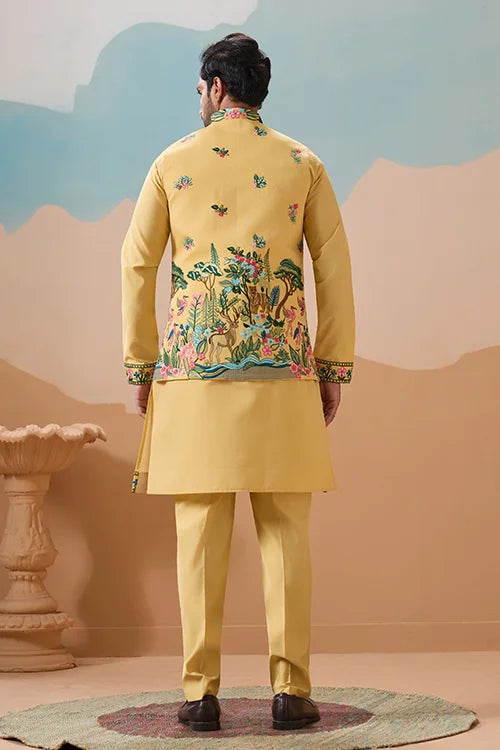 Haldi Special Yellow Classic Koti Kurta Set for Mens Wear