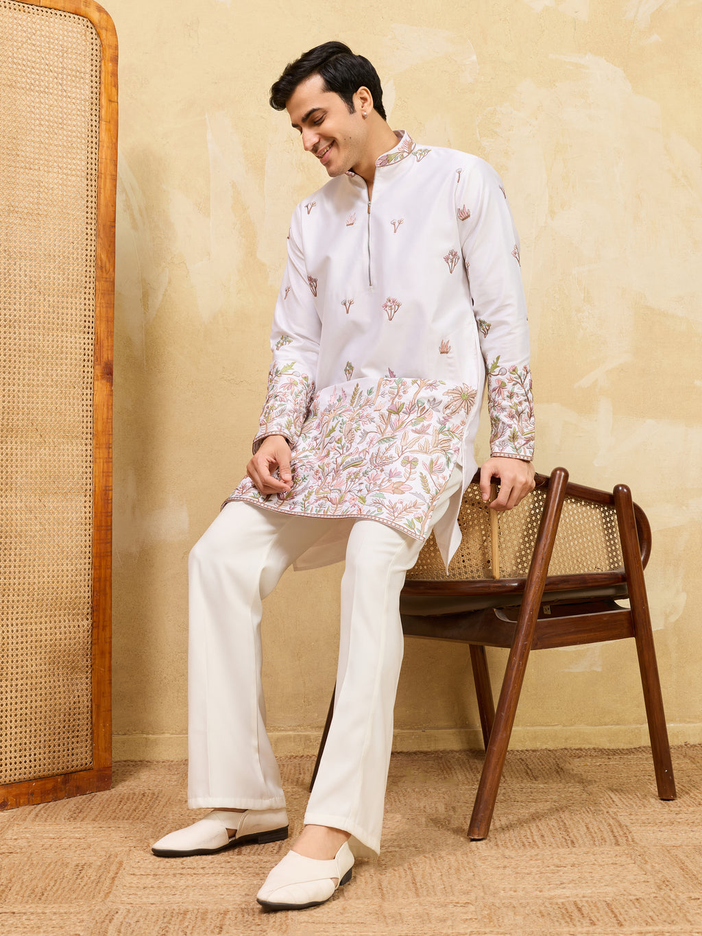 Classic White Thread & Sequence Embroidered Work Kurta Pant Set
