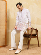 Classic White Thread & Sequence Embroidered Work Kurta Pant Set
