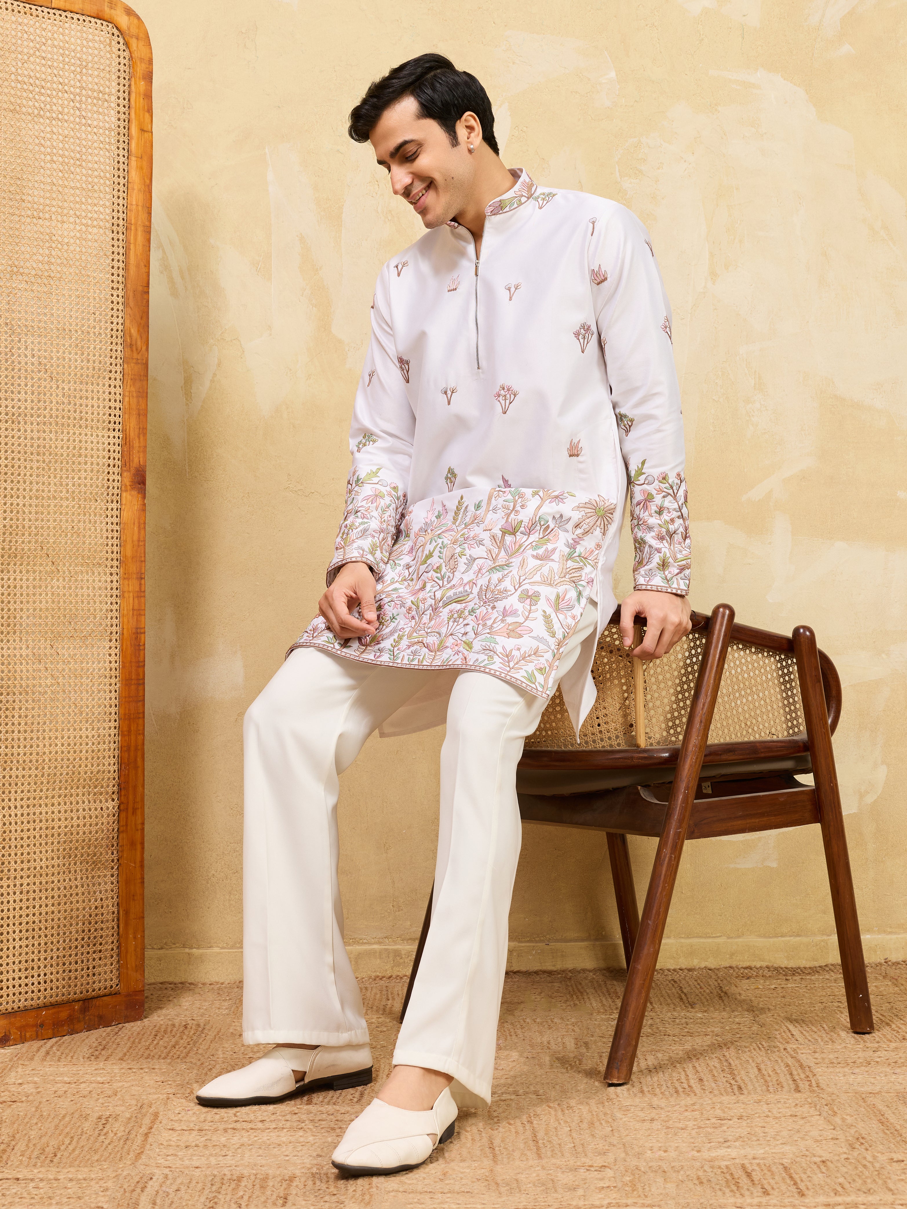 Classic White Thread & Sequence Embroidered Work Kurta Pant Set
