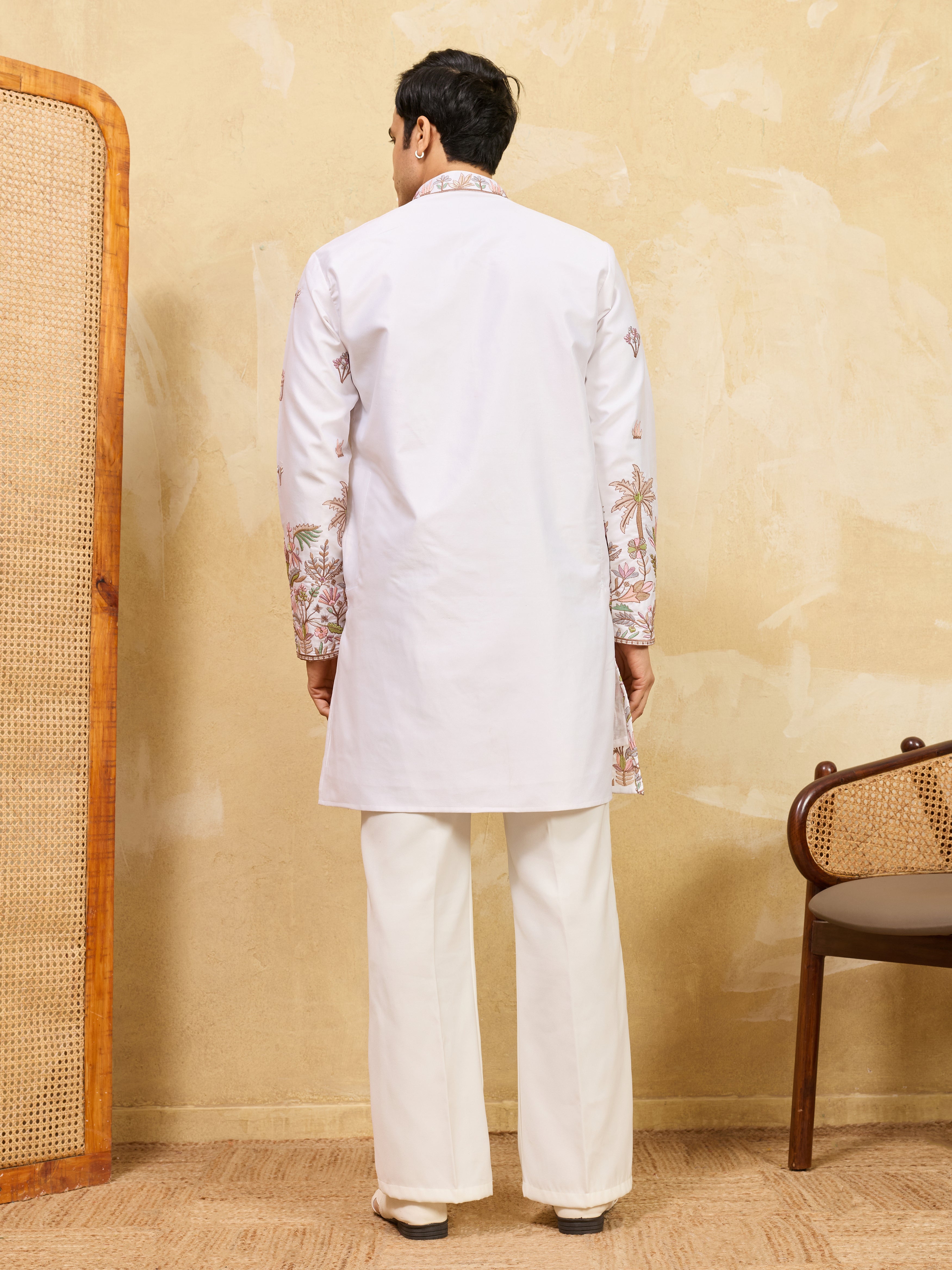 Classic White Thread & Sequence Embroidered Work Kurta Pant Set
