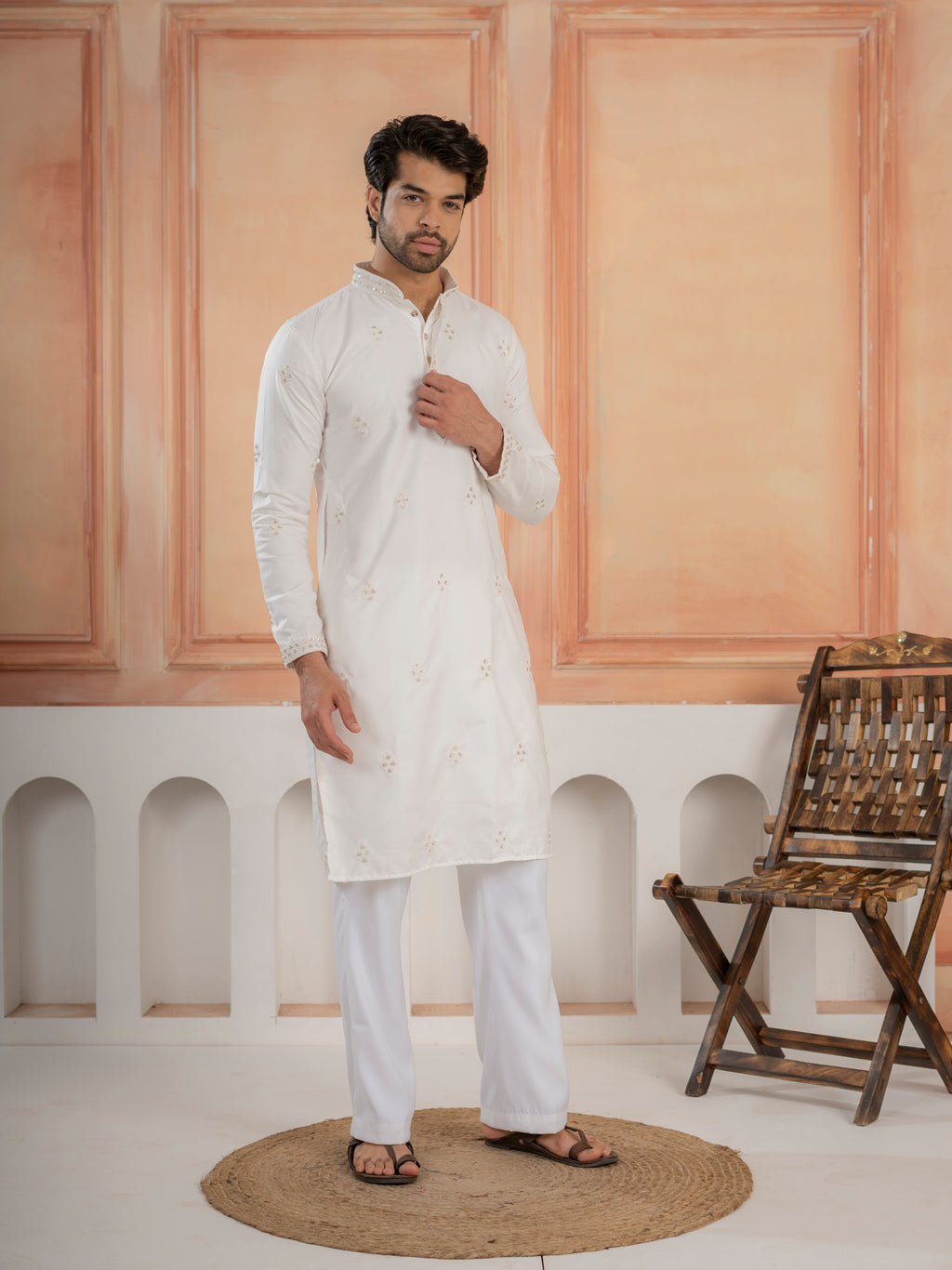 Classic White Soft Cotton Val-Moti Butta Work Kurta Outfit for Men
