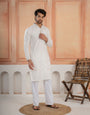 Classic White Soft Cotton Val-Moti Butta Work Kurta Outfit for Men