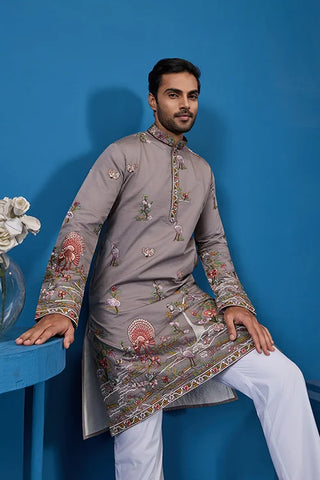 Classy Grey Embroidered Mens Kurta for Wedding Events