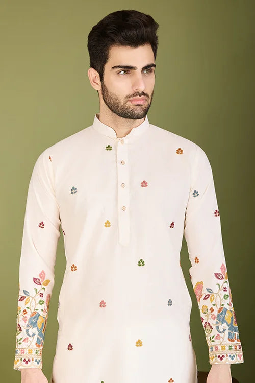 White Color Heavy Embroidered with Cotton Mens Wear Kurta