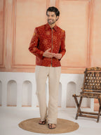 Cosmic orange Khadi Silk Mirror Work Bomber Jacket & Beige Pant

