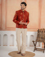 Cosmic orange Khadi Silk Mirror Work Bomber Jacket & Beige Pant