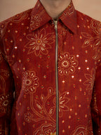 Cosmic orange Khadi Silk Mirror Work Bomber Jacket & Beige Pant
