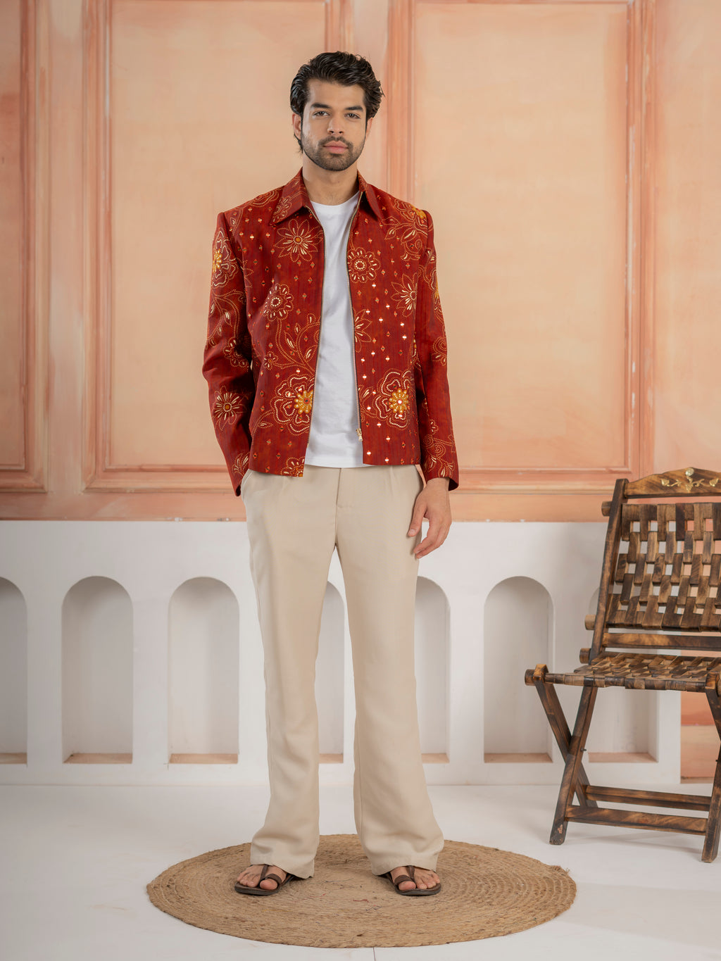 Cosmic orange Khadi Silk Mirror Work Bomber Jacket & Beige Pant
