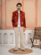 Cosmic orange Khadi Silk Mirror Work Bomber Jacket & Beige Pant
