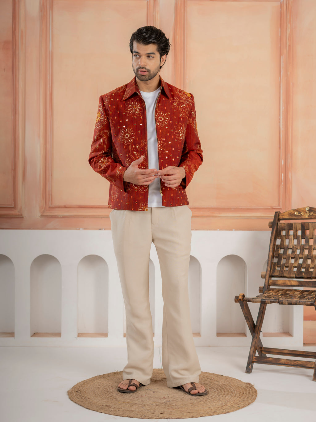 Cosmic orange Khadi Silk Mirror Work Bomber Jacket & Beige Pant
