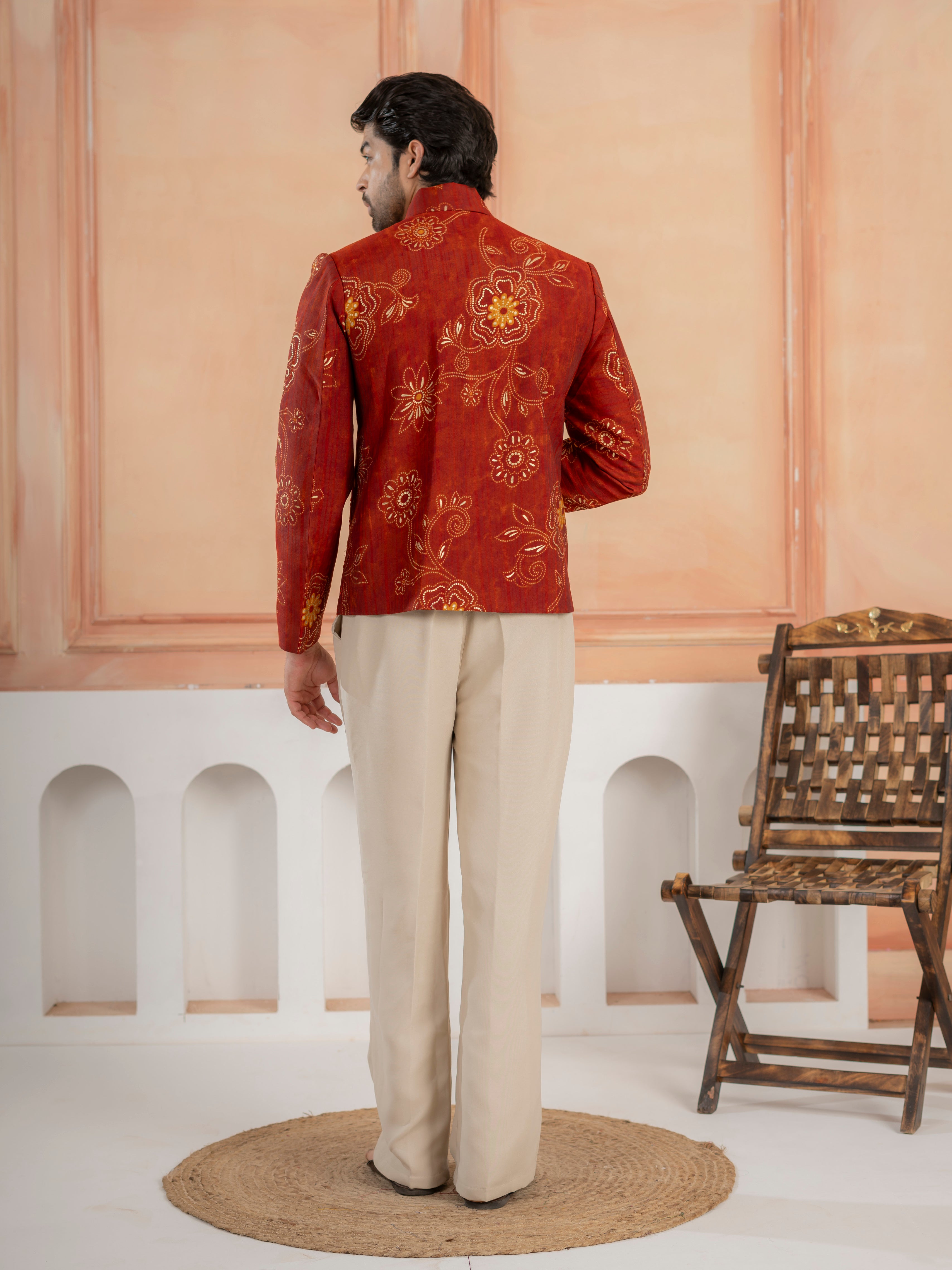 Cosmic orange Khadi Silk Mirror Work Bomber Jacket & Beige Pant
