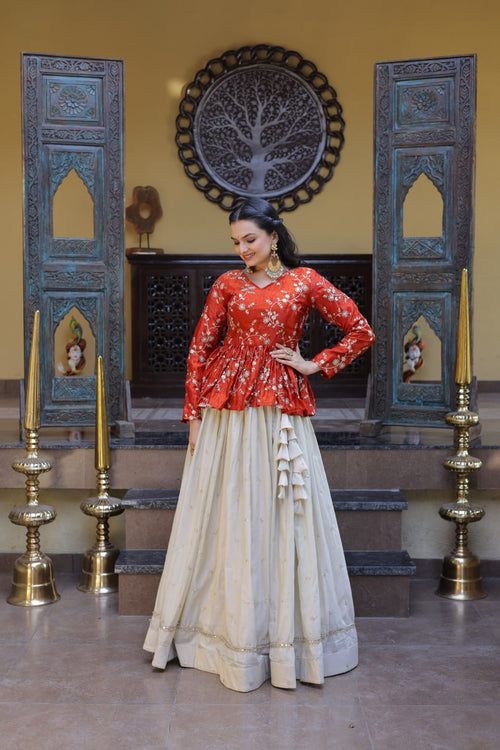 Designer Cosmos Fabric Embroidery Lehenga Set With Peplum Blouse
