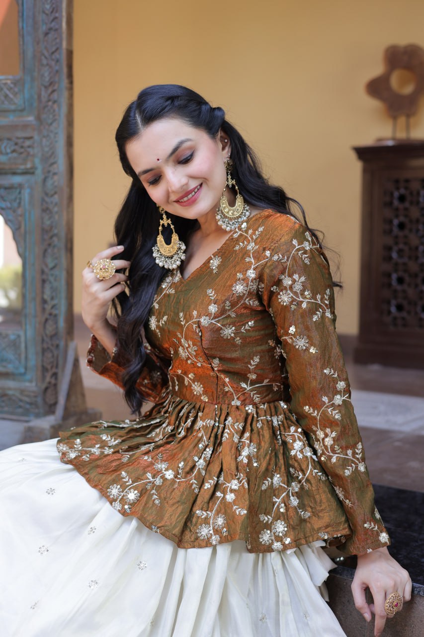 Designer Cosmos Fabric Embroidery Lehenga Set With Peplum Blouse
