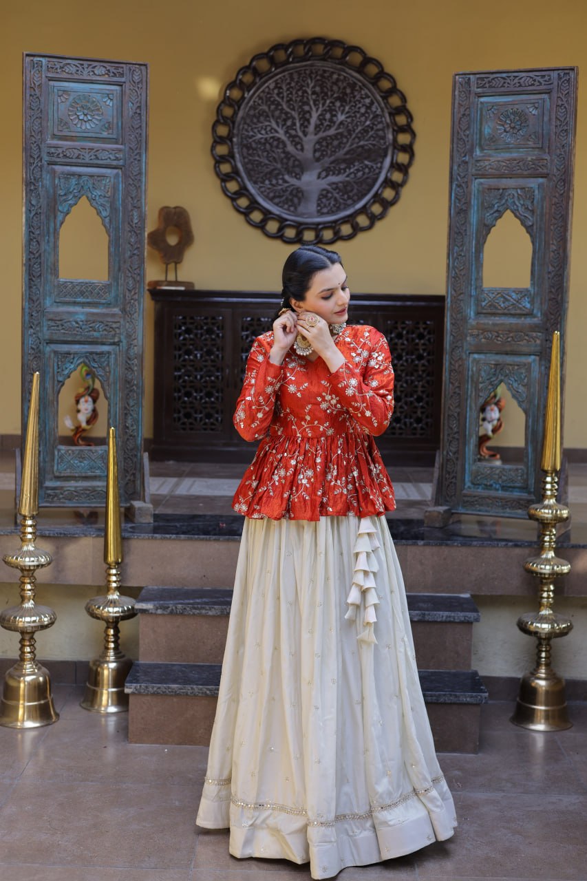 Designer Cosmos Fabric Embroidery Lehenga Set With Peplum Blouse
