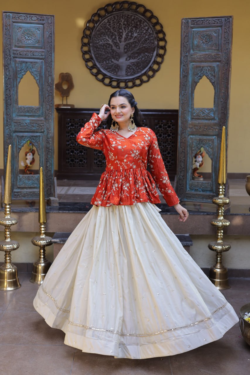 Designer Cosmos Fabric Embroidery Lehenga Set With Peplum Blouse
