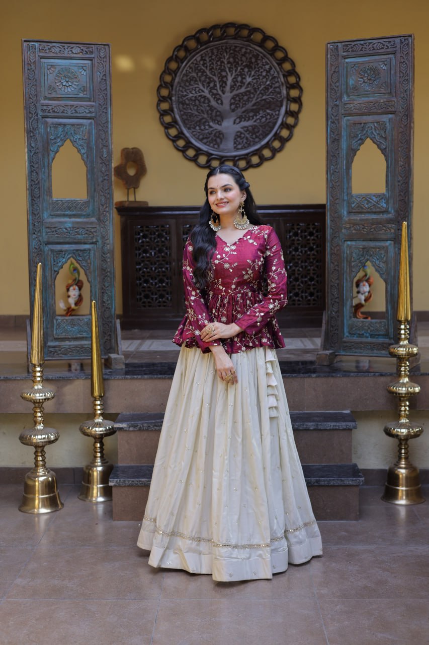Designer Cosmos Fabric Embroidery Lehenga Set With Peplum Blouse
