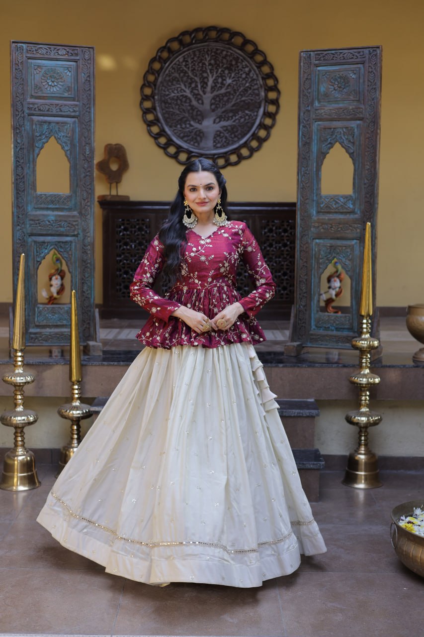 Designer Cosmos Fabric Embroidery Lehenga Set With Peplum Blouse
