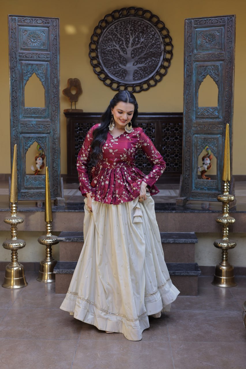 Designer Cosmos Fabric Embroidery Lehenga Set With Peplum Blouse

