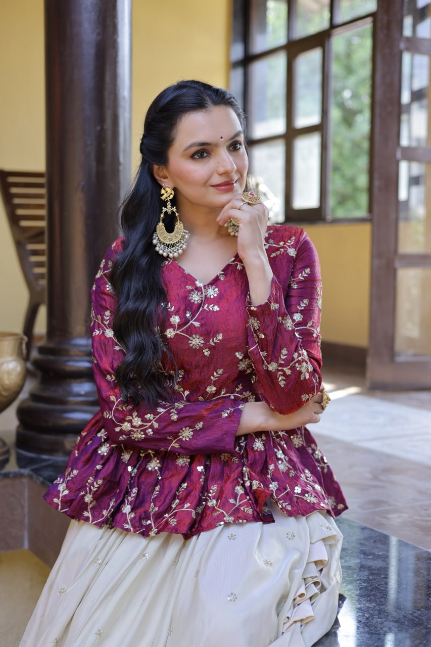 Designer Cosmos Fabric Embroidery Lehenga Set With Peplum Blouse
