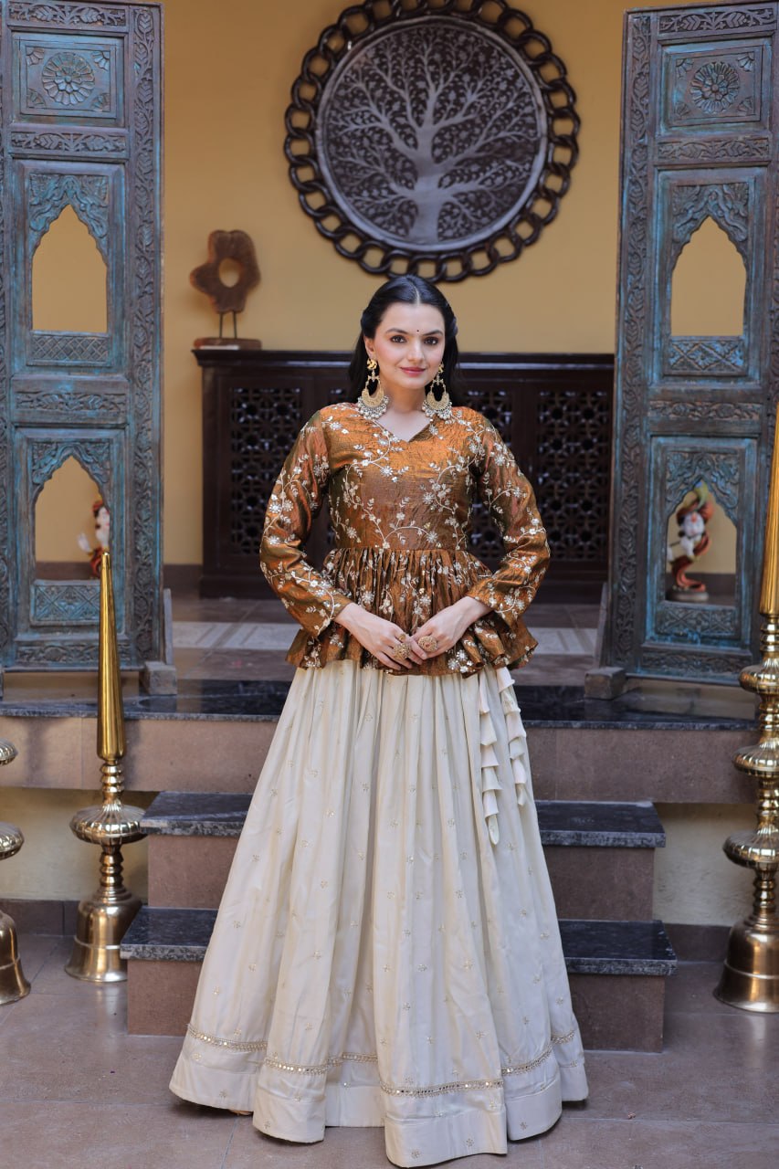 Designer Cosmos Fabric Embroidery Lehenga Set With Peplum Blouse
