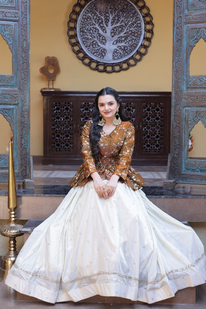 Designer Cosmos Fabric Embroidery Lehenga Set With Peplum Blouse
