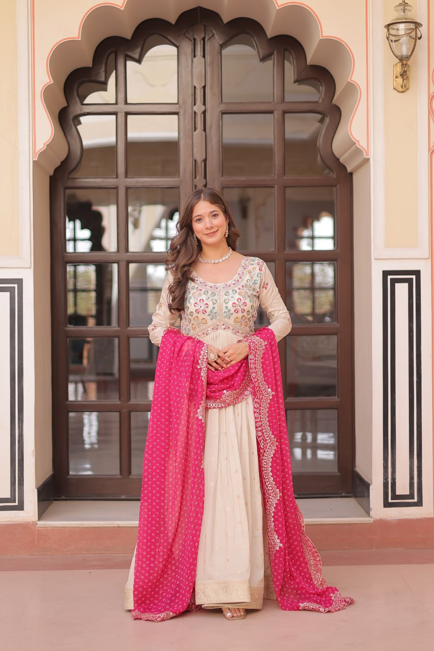 Cosmos weaving Jacquard with Pearl Beads Embroidered work Gown