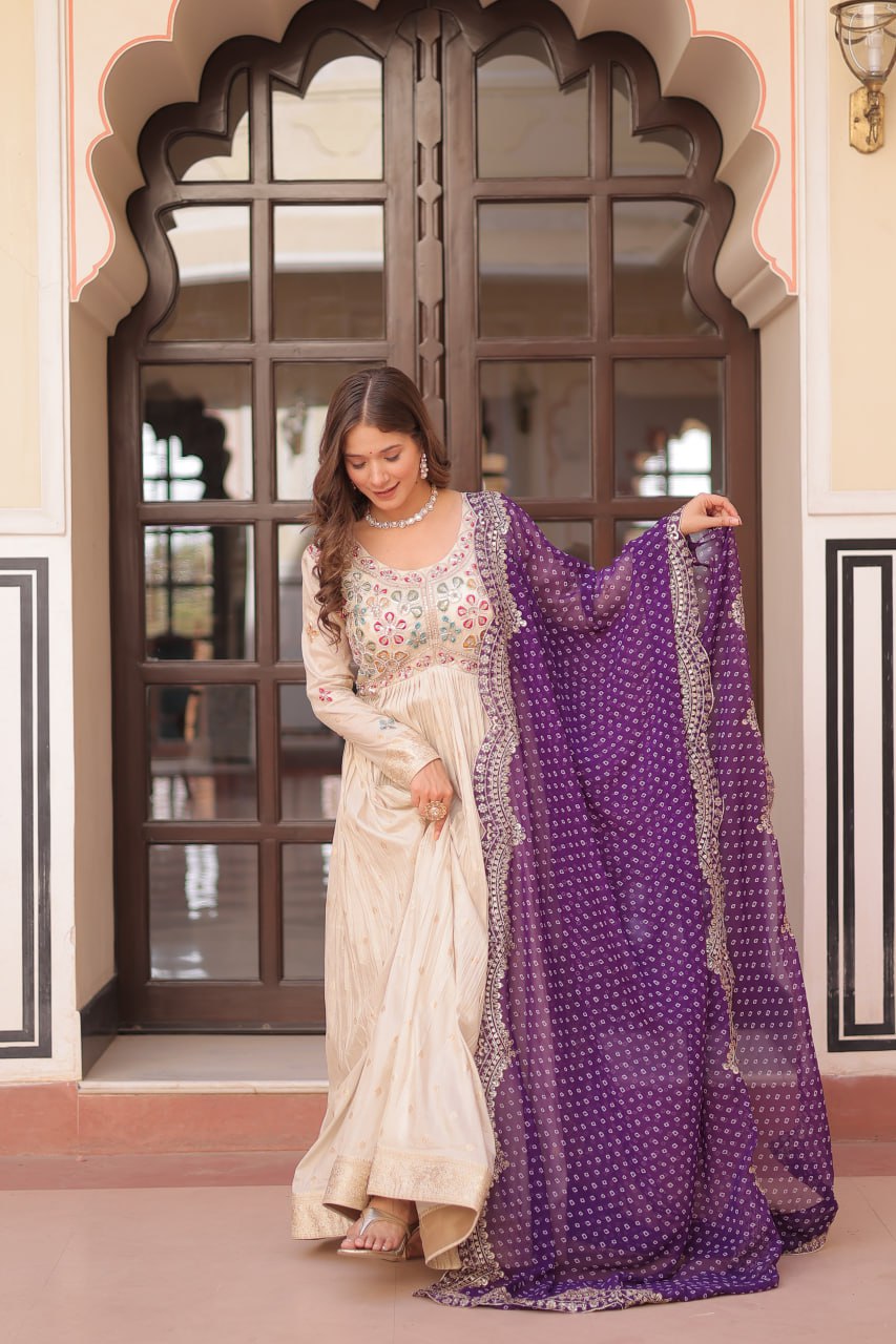 Cosmos weaving Jacquard with Pearl Beads Embroidered work Gown