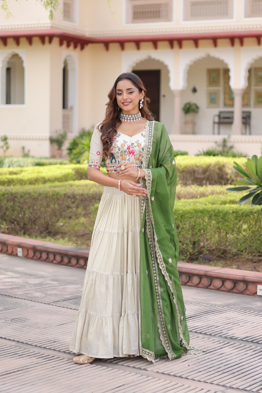 Elegant Cosmos Silk Lehenga Set with Embroidered Blouse & Designer Dupatta
