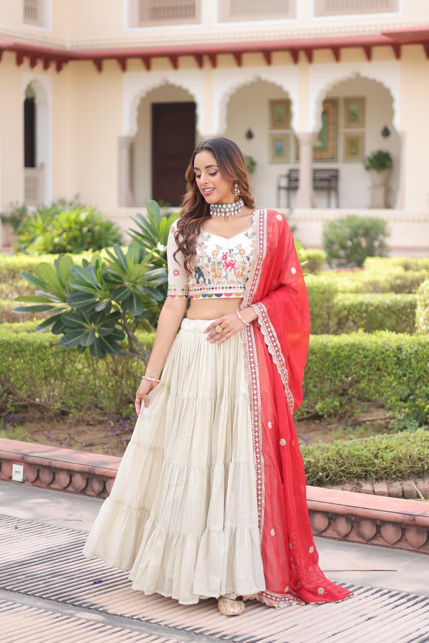 
Elegant Cosmos Silk Lehenga Set with Embroidered Blouse & Designer Dupatta
