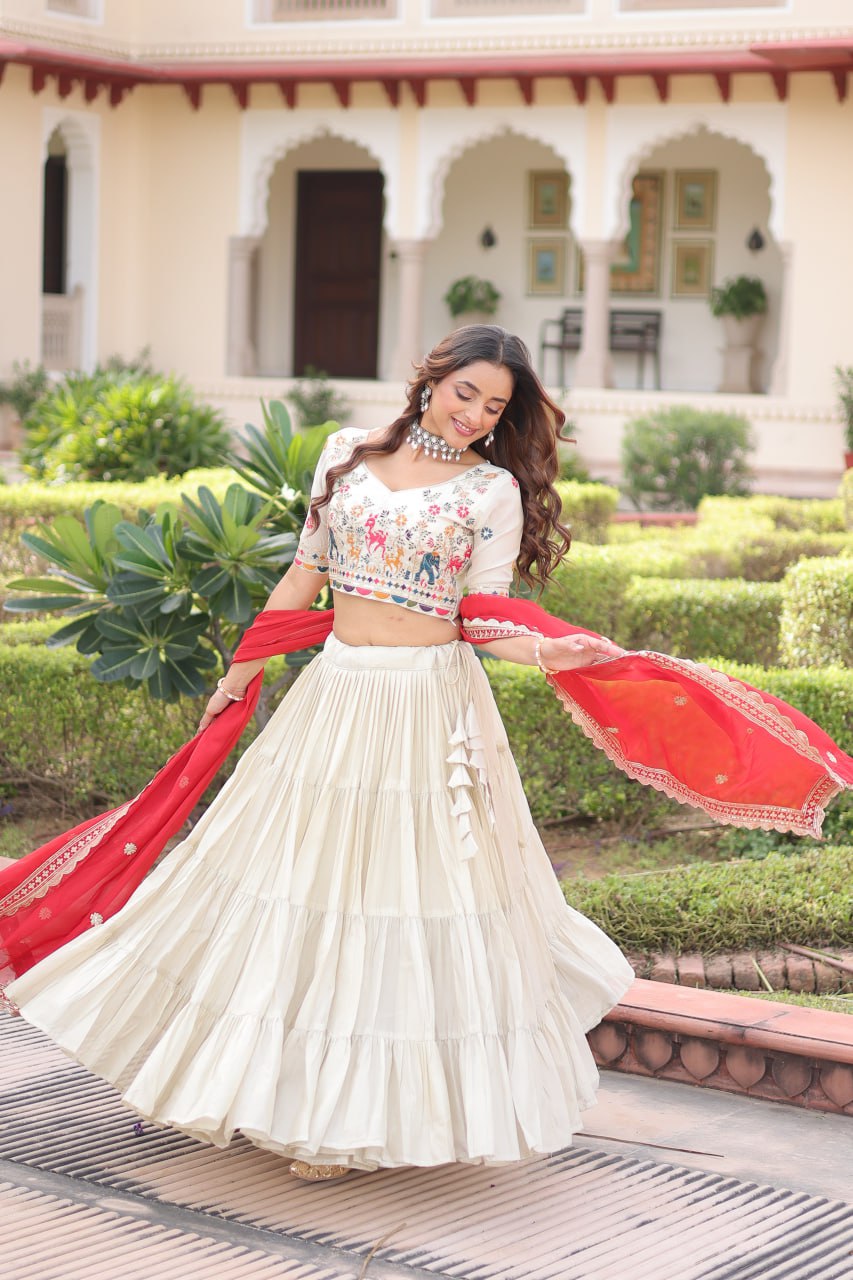 Elegant Cosmos Silk Lehenga Set with Embroidered Blouse & Designer Dupatta