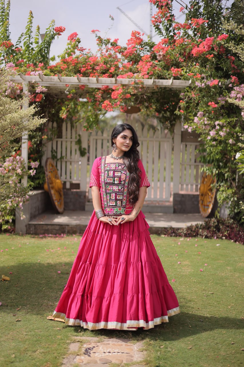 Traditional Kora Cotton Frill Stitch Lehenga Choli for Navratri
