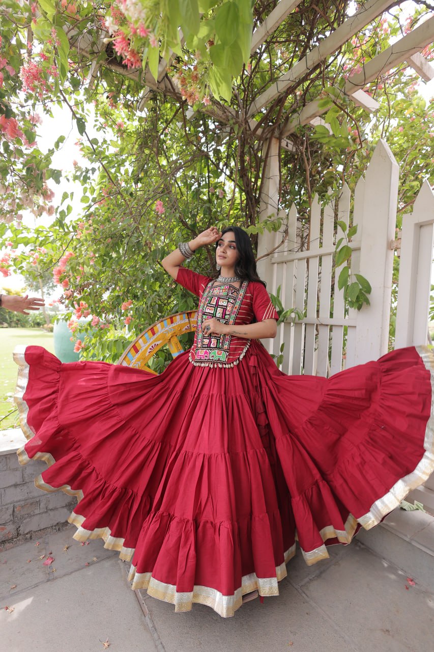 Traditional Kora Cotton Frill Stitch Lehenga Choli for Navratri
