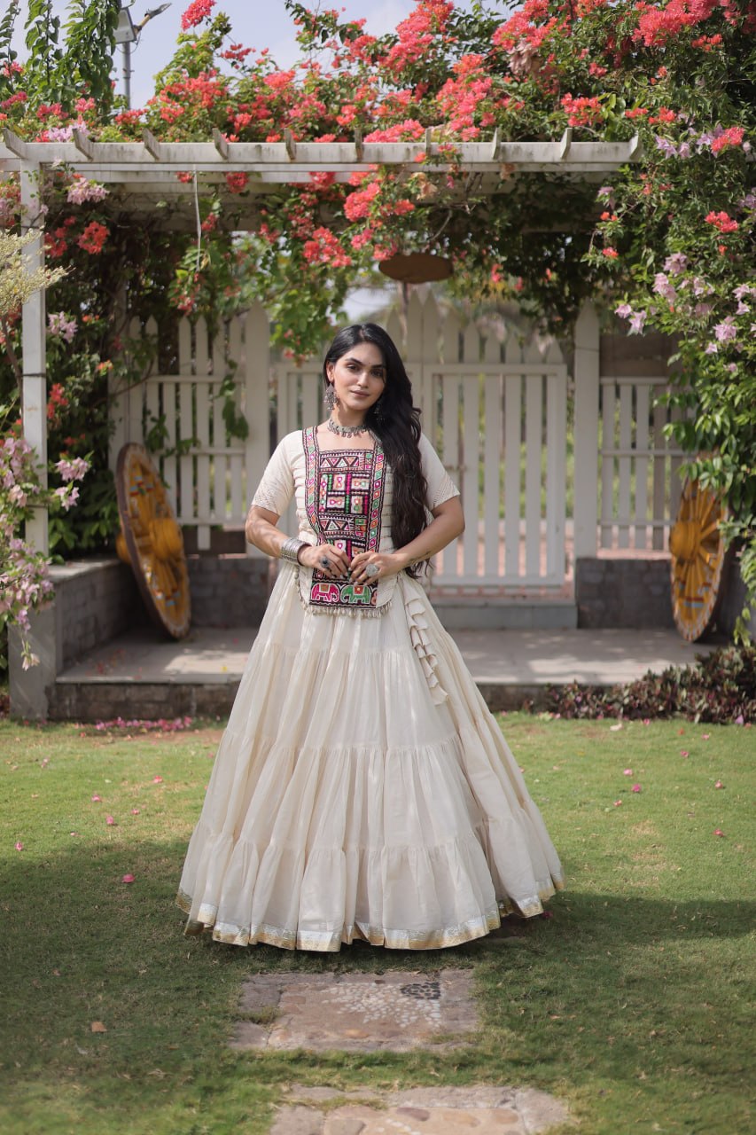 Traditional Kora Cotton Frill Stitch Lehenga Choli for Navratri
