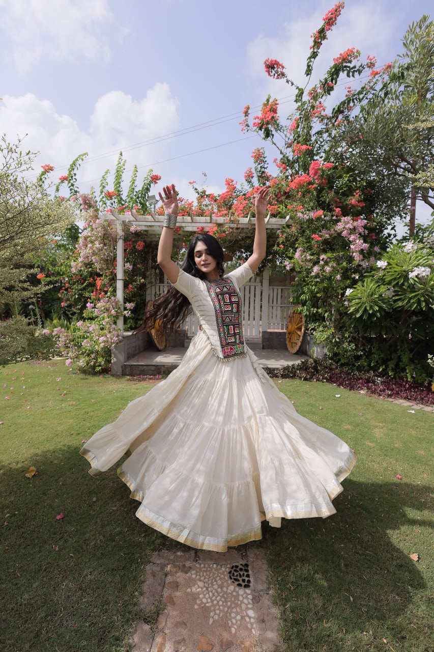 Traditional Kora Cotton Frill Stitch Lehenga Choli for Navratri
