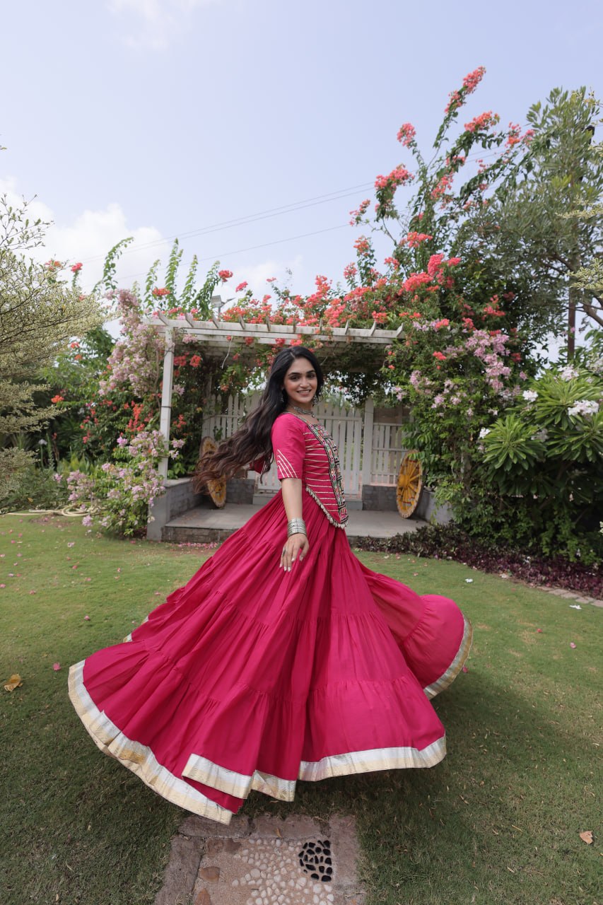 Traditional Kora Cotton Frill Stitch Lehenga Choli for Navratri
