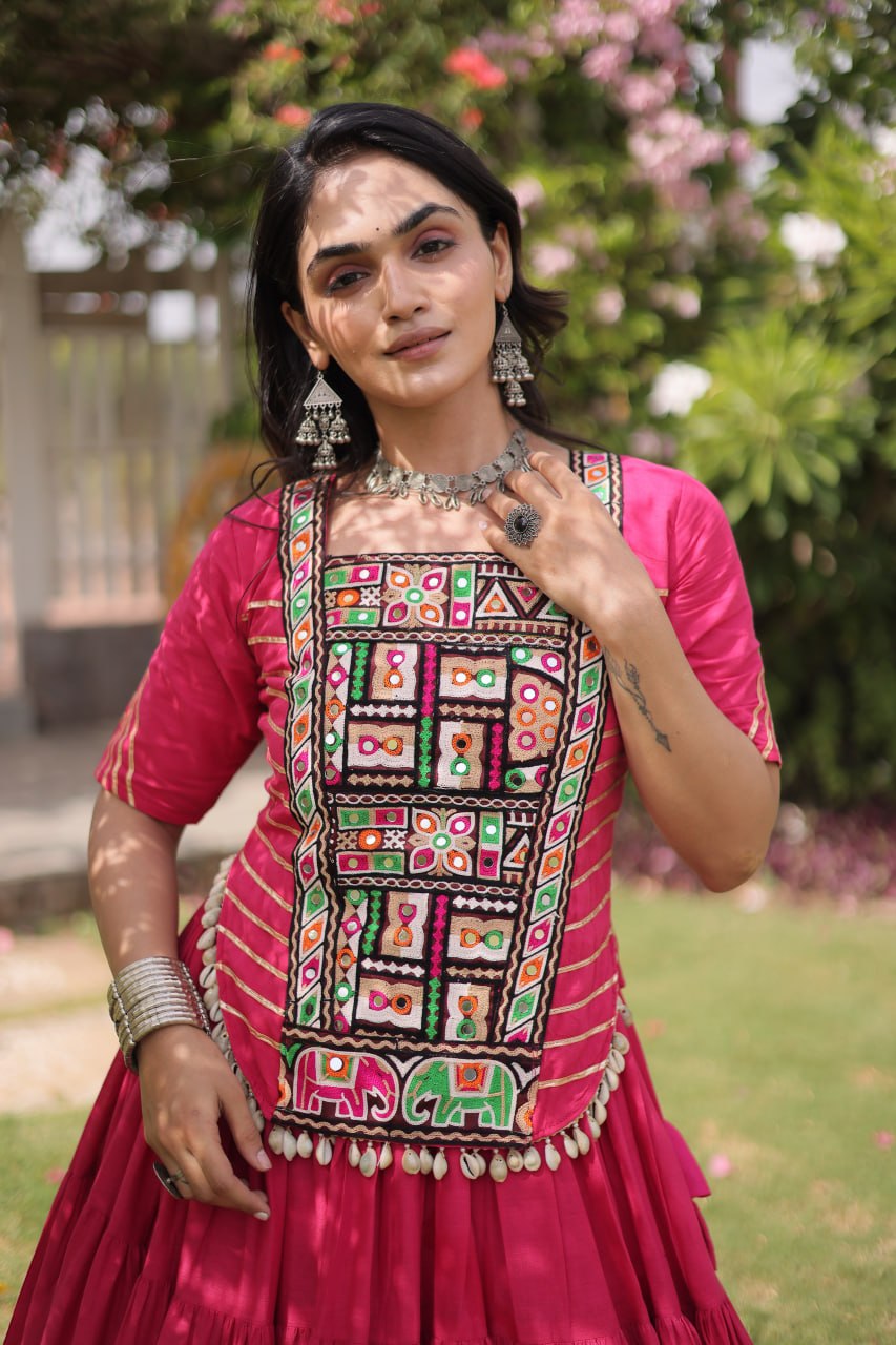 Traditional Kora Cotton Frill Stitch Lehenga Choli for Navratri
