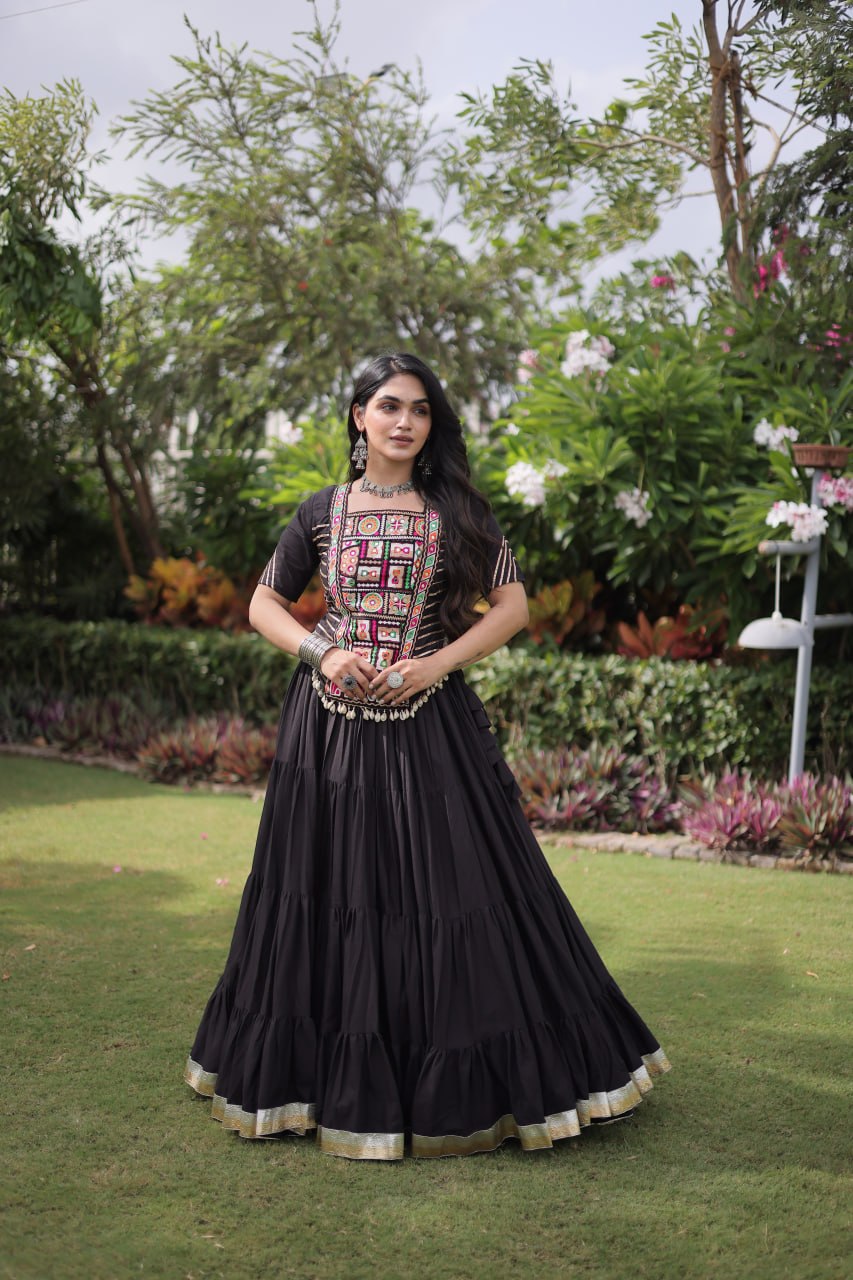 Traditional Kora Cotton Frill Stitch Lehenga Choli for Navratri
