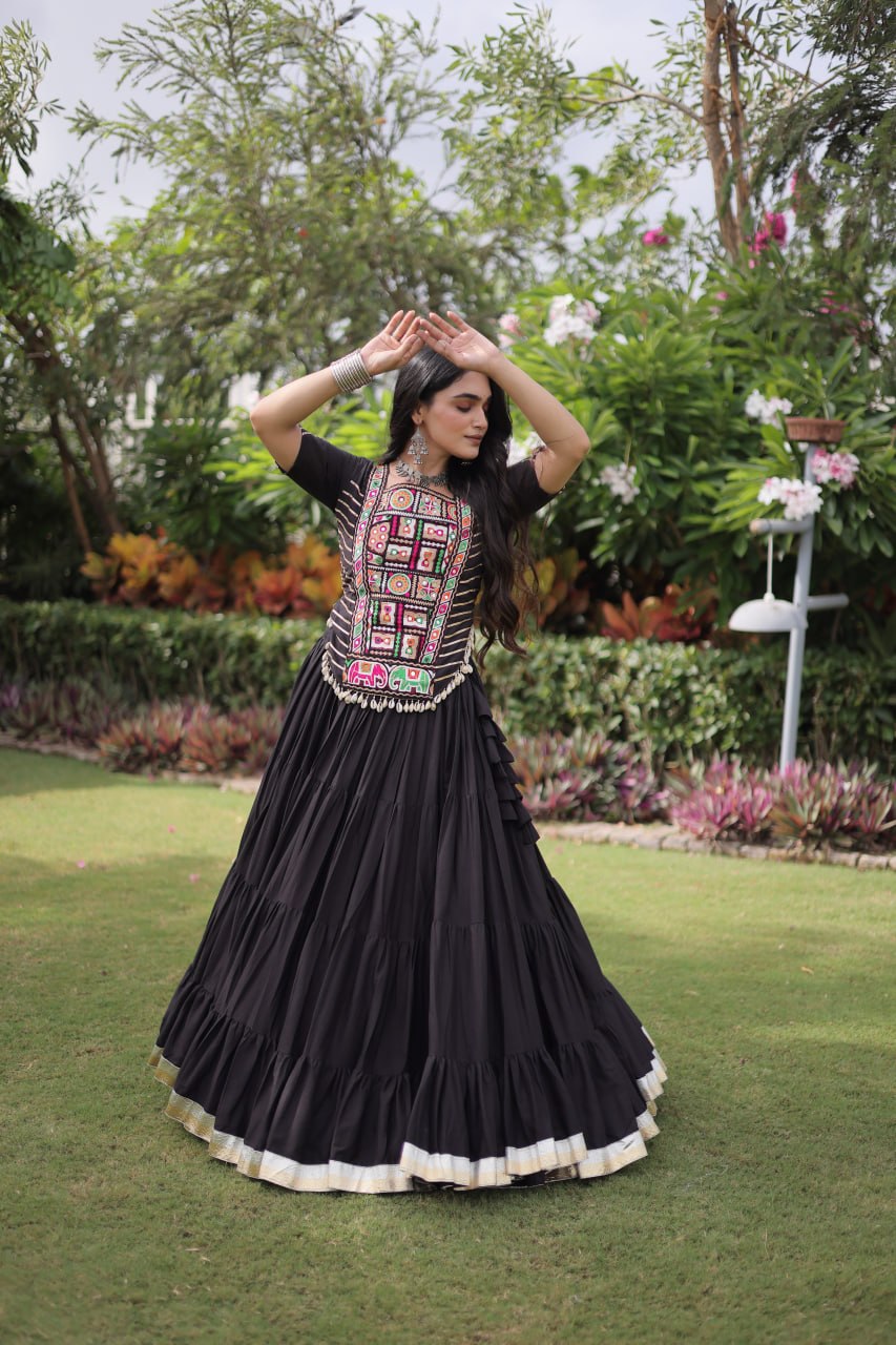 Traditional Kora Cotton Frill Stitch Lehenga Choli for Navratri
