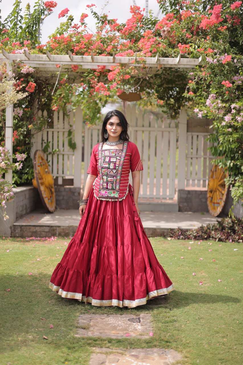 Traditional Kora Cotton Frill Stitch Lehenga Choli for Navratri
