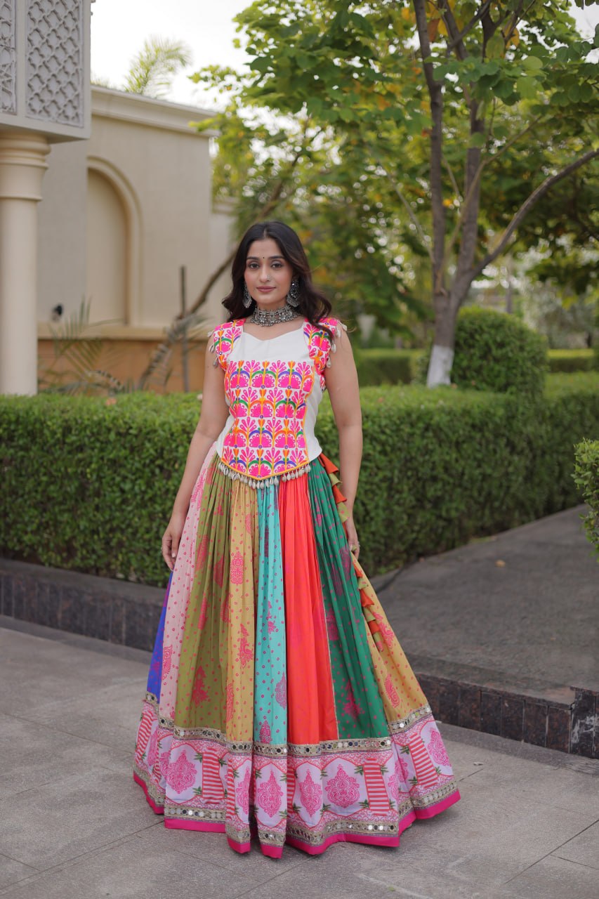 Multicolor Cotton Mirror Work Lehenga Set | Tulip Designer
