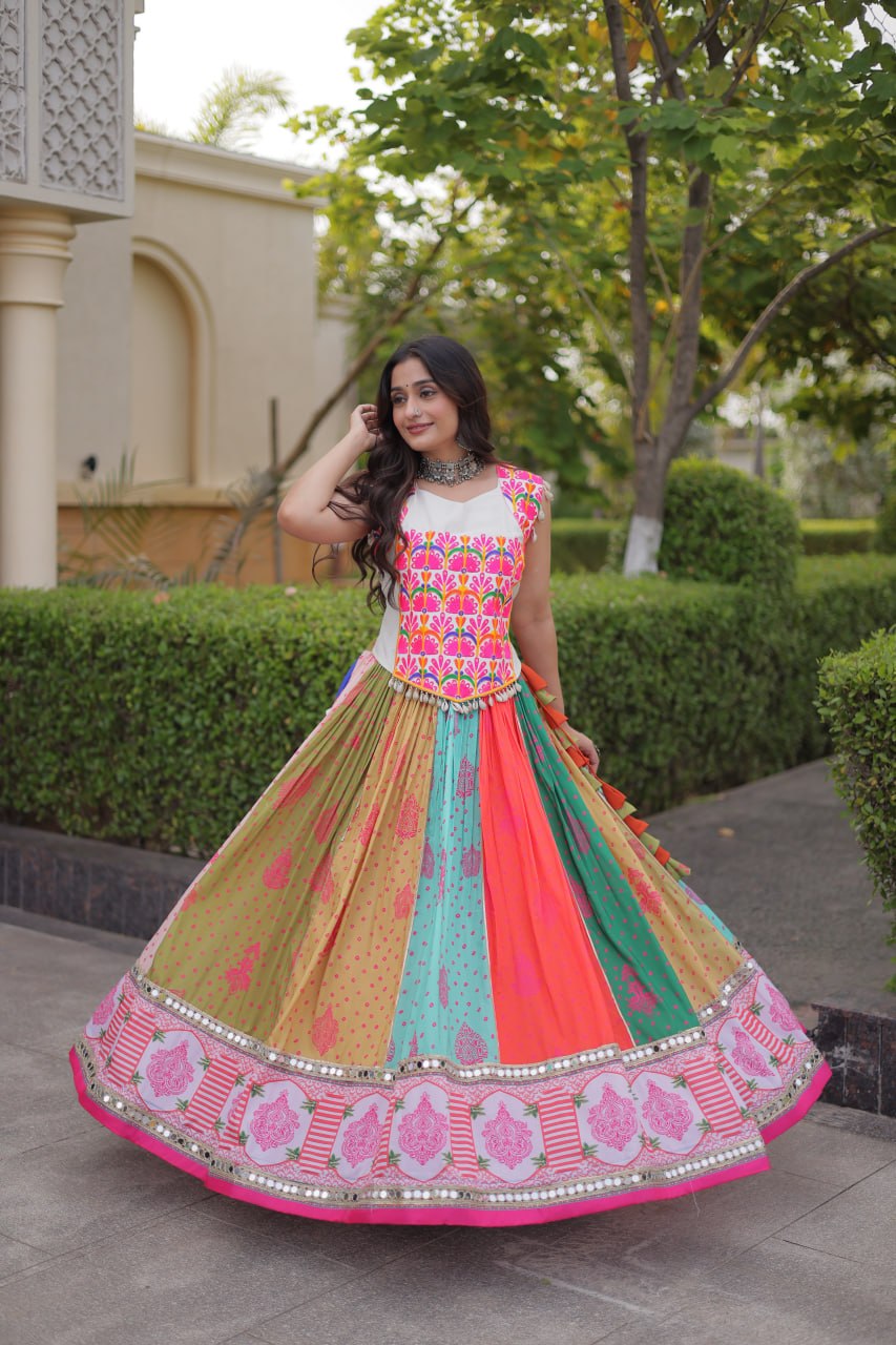Multicolor Cotton Mirror Work Lehenga Set | Tulip Designer
